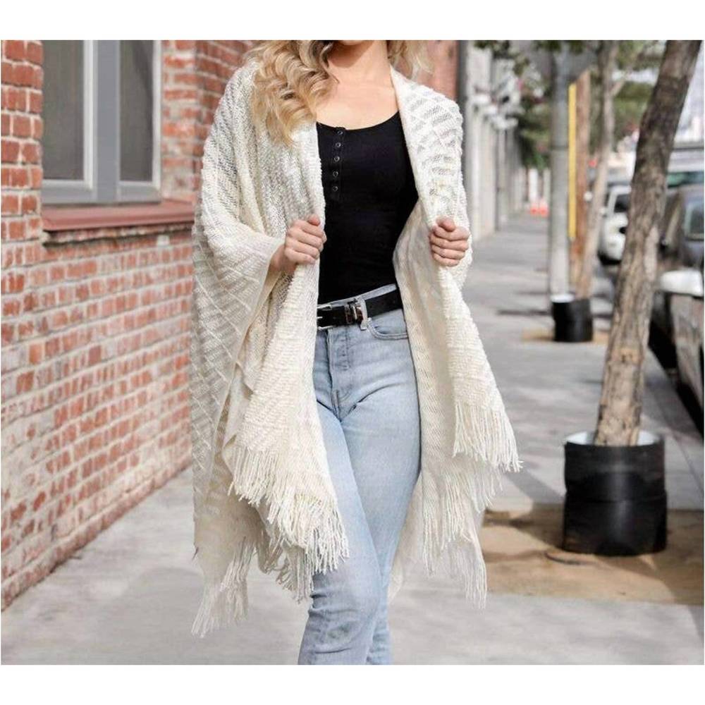 NEW LETO diagonal knit tassel ruana wrap shawl in ivory